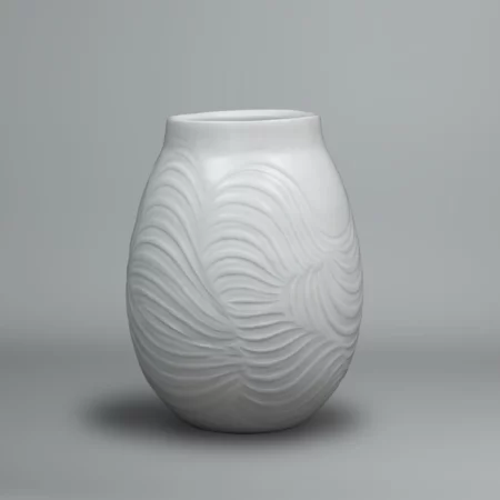 Pale celadon porcelain vase featuring finely carved lines by Fujii Shumei