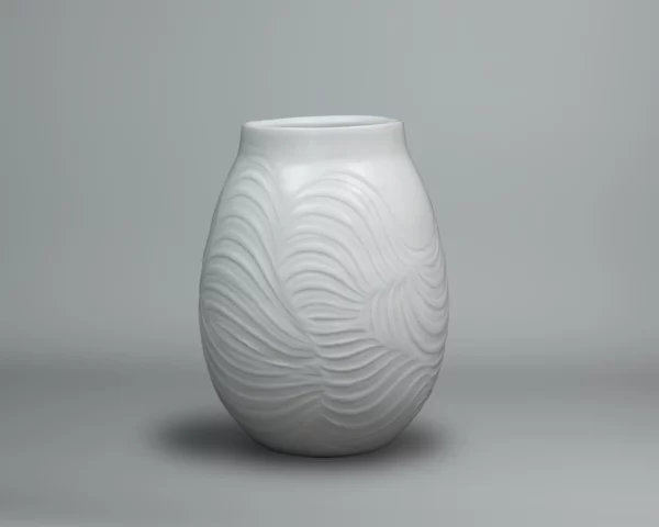 Pale celadon porcelain vase featuring finely carved lines by Fujii Shumei