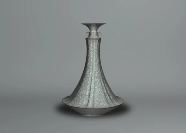 Large ceramic vase by Minegishi Seiko, resting on a large cylindrical base, the surface covered with a splendid cracked celadon glaze